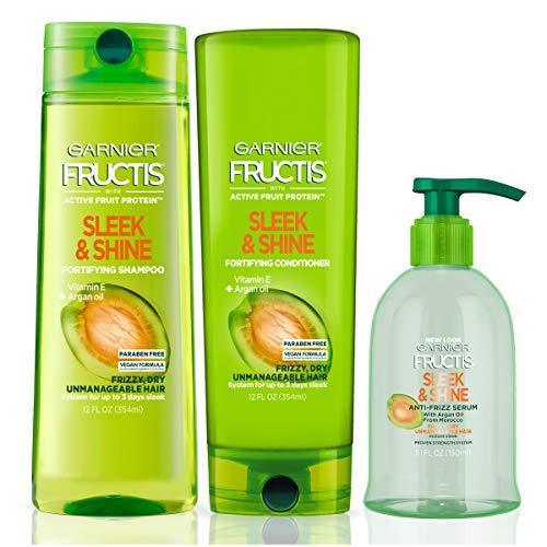 Garnier fructis & shine anti-frizz conditioner shampoo, & sleek serum