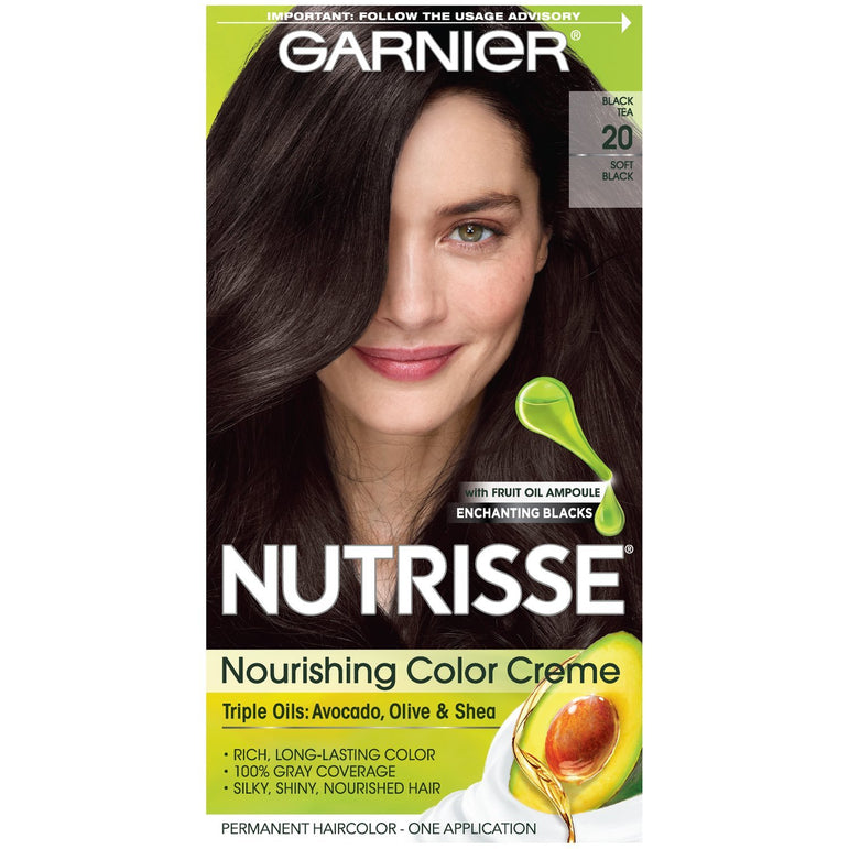 Garnier Nutrisse Nourishing Hair Color Creme, 20 Soft Black (Black Tea), 1 kit-CaribOnline