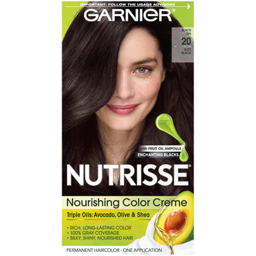 Garnier Nutrisse Nourishing Hair Color Creme, 20 Soft Black (Black Tea), 1 kit-CaribOnline