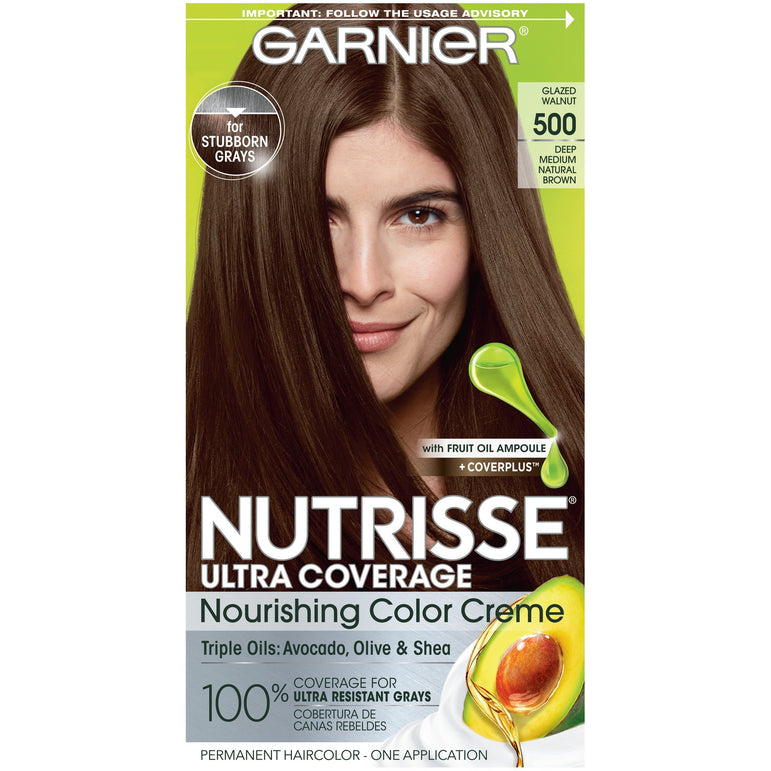 Garnier Nutrisse Ultra Coverage Nourishing Hair Color Creme, Deep Medium Natural Brown (Glazed Walnut) 500, 1 kit-CaribOnline