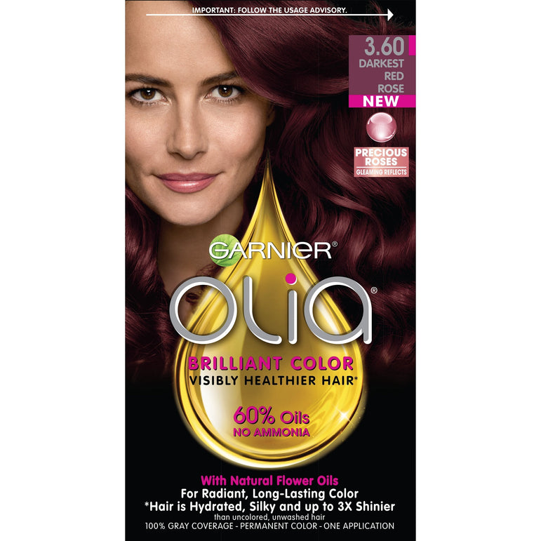 Garnier Olia Oil Powered Permanent Hair Color, 3.60 Darkest Red Rose, 1 kit-CaribOnline
