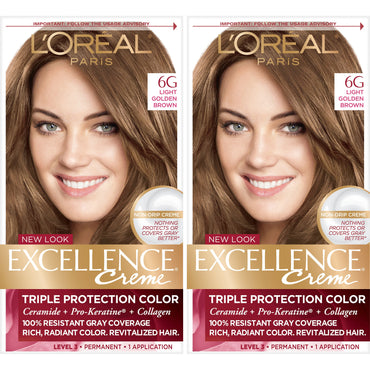 L'Oreal Paris Excellence Créme Permanent Triple Protection Hair Color, 6G Light Golden Brown, 2 count-CaribOnline