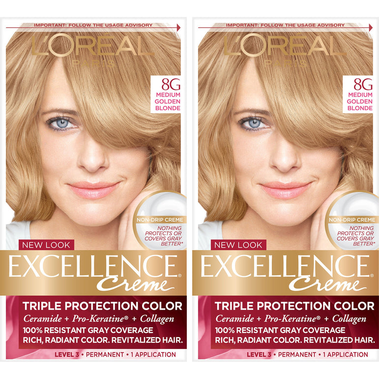L'Oreal Paris Excellence Créme Permanent Triple Protection Hair Color, 8G Medium Golden Blonde, 2 count-CaribOnline