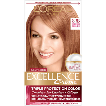 L'Oreal Paris Excellence Créme Permanent Triple Protection Hair Color, 8RB Medium Reddish Blonde, 1 kit-CaribOnline