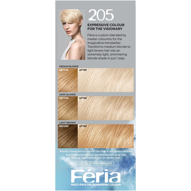 L'Oreal Paris Feria Multi-Faceted Shimmering Permanent Hair Color, 205 Bleach Blonding (Extra Bleach Blonde), 1 kit-CaribOnline