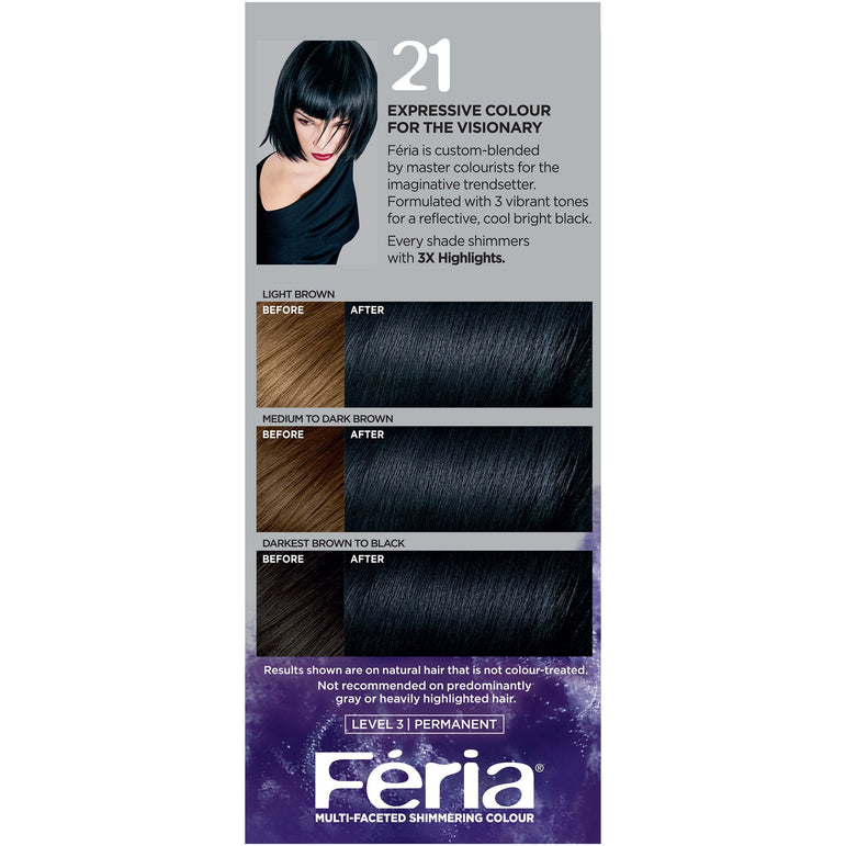 L'Oreal Paris Feria Multi-Faceted Shimmering Permanent Hair Color, 21 Starry Night (Bright Black), 1 kit-CaribOnline