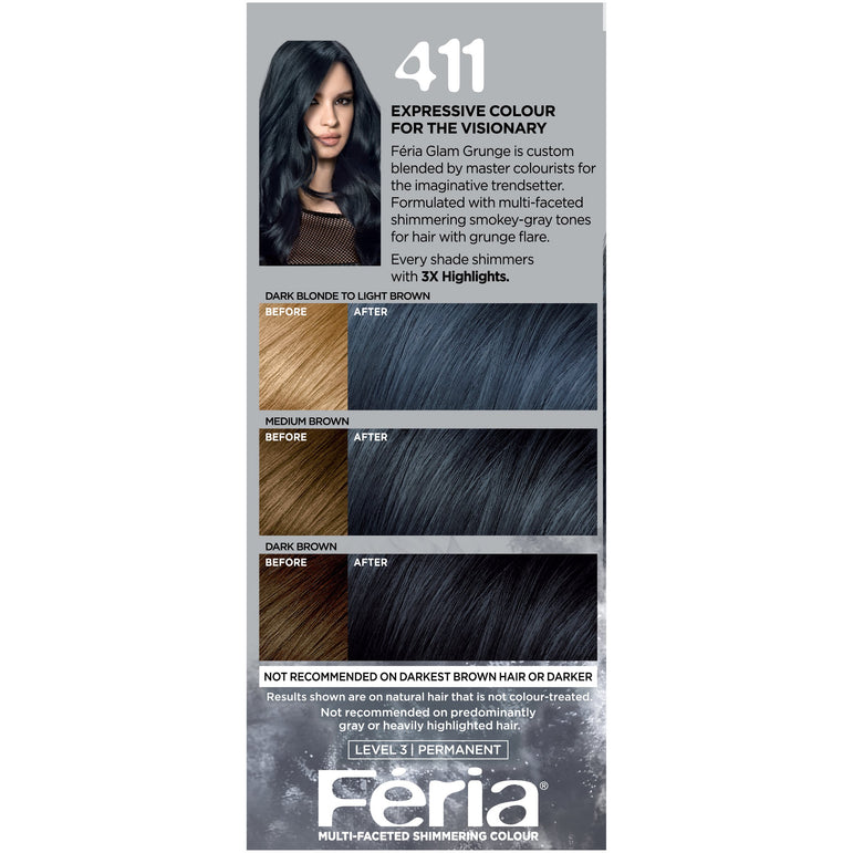 L'Oreal Paris Feria Multi-Faceted Shimmering Permanent Hair Color, 411 Downtown Denim, 1 kit-CaribOnline