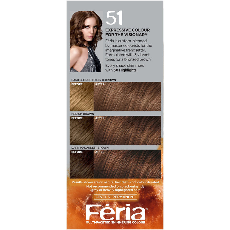 L'Oreal Paris Feria Multi-Faceted Shimmering Permanent Hair Color, 51 Brazilian Brown (Bronzed Brown), 1 kit-CaribOnline