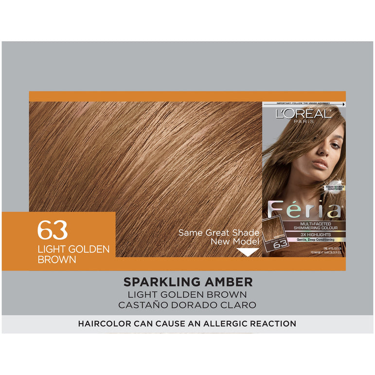 L'Oreal Paris Feria Multi-Faceted Shimmering Permanent Hair Color, 63 Sparkling Amber (Light Golden Brown), 1 kit-CaribOnline