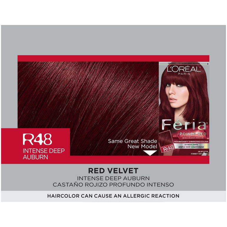 L'Oreal Paris Feria Multi-Faceted Shimmering Permanent Hair Color, R48 Red Velvet (Intense Deep Auburn), 1 kit-CaribOnline