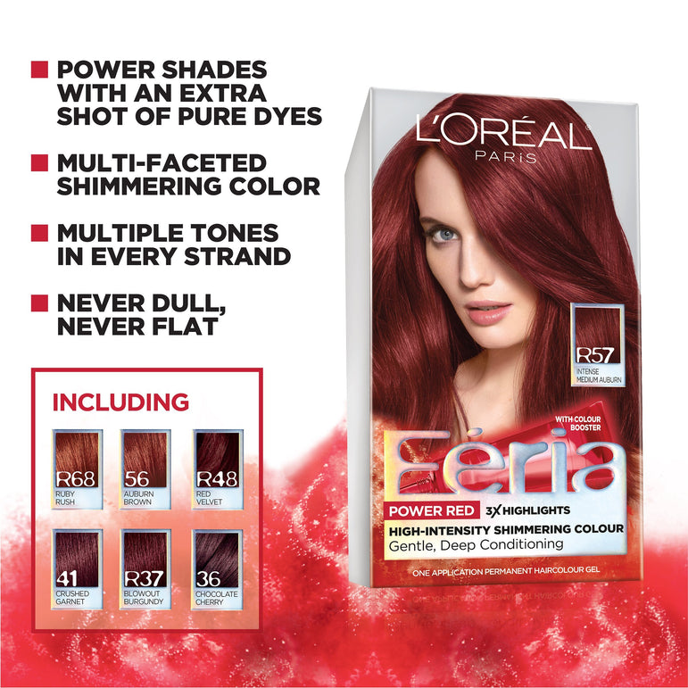 L'Oreal Paris Feria Multi-Faceted Shimmering Permanent Hair Color, R57 Cherry Crush (Intense Medium Auburn), 1 kit-CaribOnline