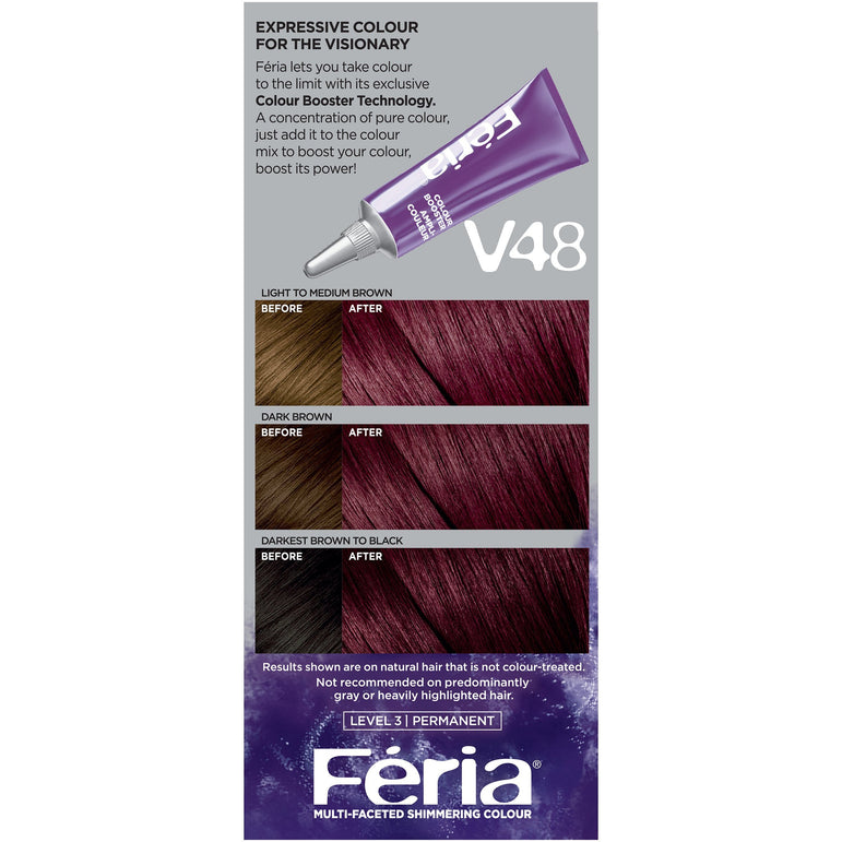 L'Oreal Paris Feria Multi-Faceted Shimmering Permanent Hair Color, V48 Violet Vixen (Intense Medium Violet), 1 kit-CaribOnline