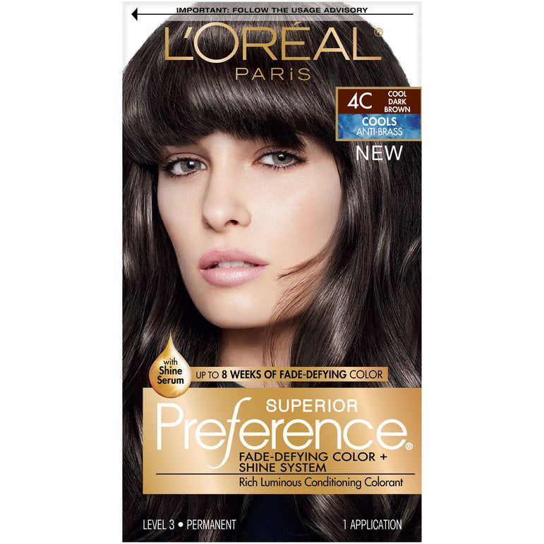 L'Oreal Paris Superior Preference Fade-Defying Shine Permanent Hair Color, 4C Cool Dark Brown, 1 kit-CaribOnline