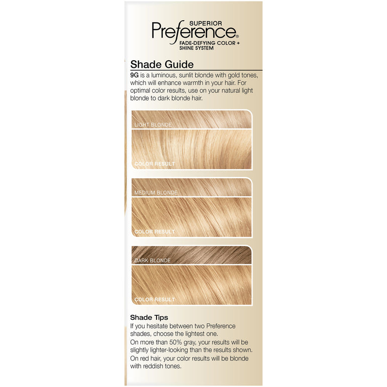 L'Oreal Paris Superior Preference Fade-Defying Shine Permanent Hair Color, 9G Light Golden Blonde, 1 kit-CaribOnline