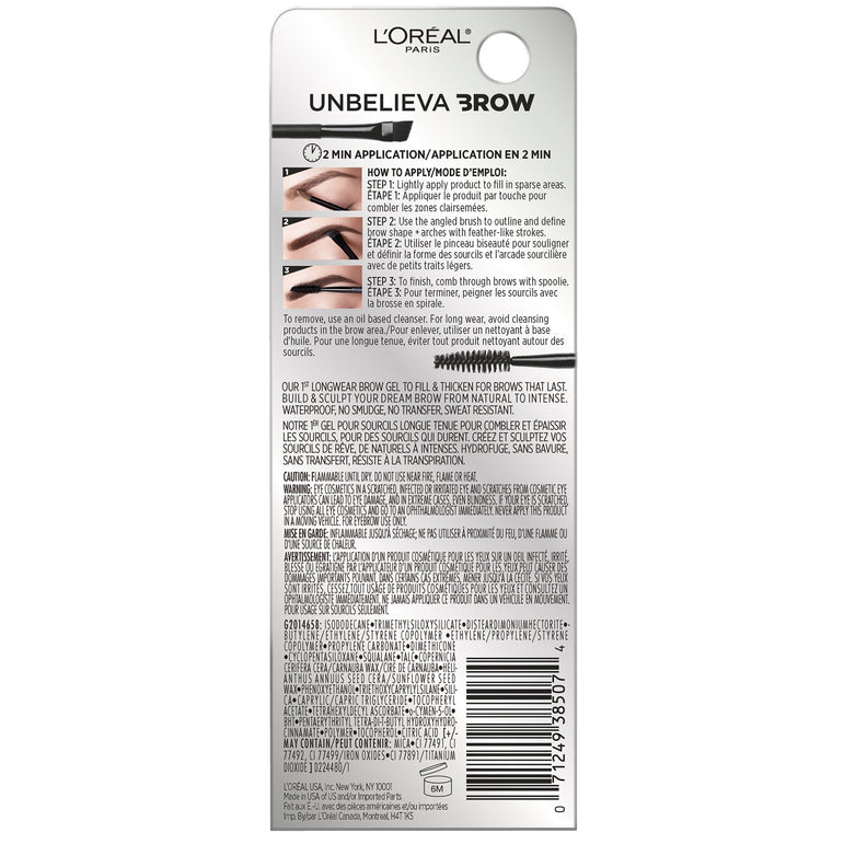 L'Oréal Paris Unbelieva-Brow Longwear Waterproof Brow Gel, Black, 0.15 fl. oz.-CaribOnline